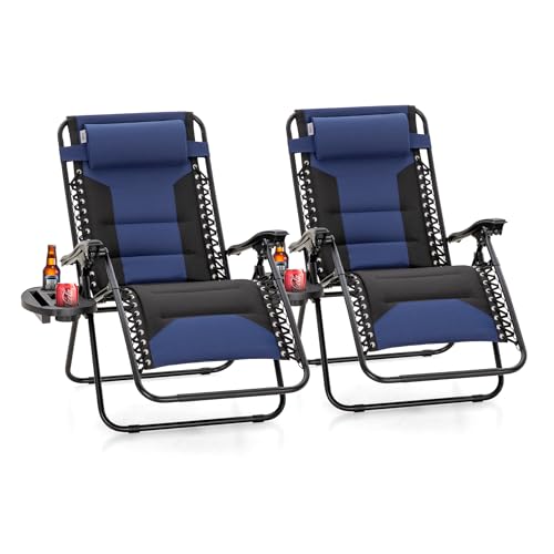 PHI VILLA Zero Gravity Chair Set of 2, Padded Anti Gravity Recliner, Oversized 28" Wide Seat, Foldable Patio Lounger with Armrest & Cup Holder, Supports 400 LBS (Blue Black) - color: Blue