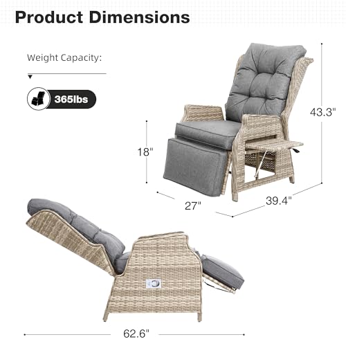 Outdoor Recliner with Adjustable Back and Footrest, Patio Recliner with Flip Table Wicker Reclining Lounge Chair, Grey with Beige Wicker - color: Grey With Beige Wicker, size: 1PCS