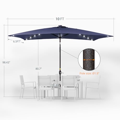Rectangle Patio Umbrella with Solar Lights, 10 x 6.5ft Rectangular Outdoor Umbrella Table Market Patio Umbrella with Push Button Tilt and Crank for Garden, Deck, Backyard, Pool - color: Navy