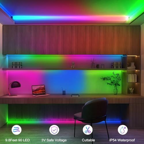 echosari 9.8FT 90Led RGB Strip Lights Battery Powered Remote Control, 8 Modes, Dimmable, Timer, Self-Adhesive, Cuttable, Waterproof, for TV Computer Monitor/Screen Decor - color: Multicolor, size: 9.8Ft