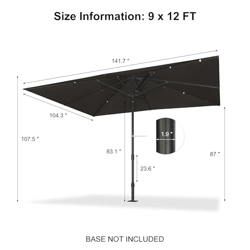 PURPLE LEAF 12' x 9' Rectangular Semi-Auto Outdoor Patio Umbrella Aluminium Market Umbrella Table Sun Umbrella with 1.89" Rod and 8 Sturdy Ribs for Deck Lawn Pool Garden, Gray - color: Gray, size: 9' x 12'