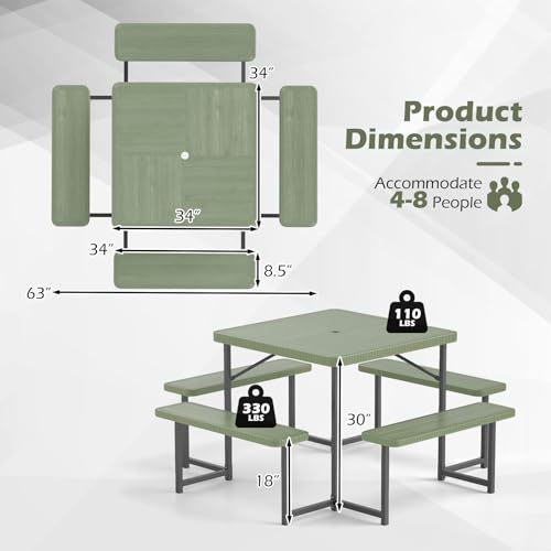 Byroce Outdoor Picnic Table for 4-8 Person, HDPE Picnic Camping Table Set with 4 Benches, Umbrella Hole & Metal Frame, Heavy Duty Square Dining Table Chairs for BBQ in Patio, Yard & Poolside (Green) - color: Green