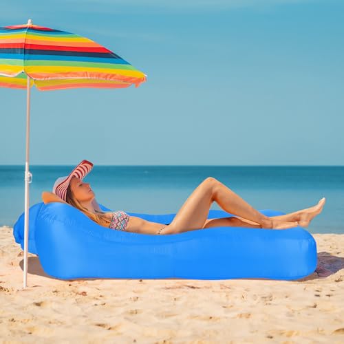 Inflatable Couch Air Lounger for Adults, Ultralight Portable Blow up Couch Air Sofa, Inflatable Beach Lounger Bed for Camping Hiking Festival Backyard Lawn, No Pump Required - color: Sky Blue
