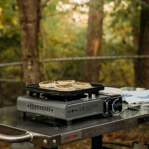 GasOne GS-1000G-KIT Butane Gas Stove with Flat Top Griddle Included – Butane Grill Tent Stove Burners for Cooking for Camping, Kitchen – Diecast Aluminum with Non Stick Coating - color: Gray