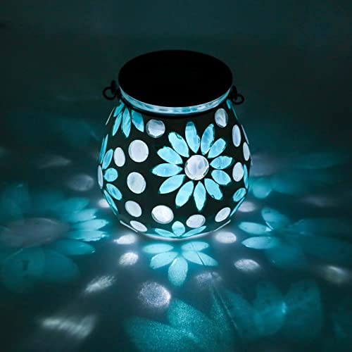 Afirst Mosaic Solar Lanterns Outdoor - Glass Hanging Solar Lights Hollow Out Waterproof Table Lamp Outdoor Decorative for Garden, Patio, Holiday Party Outdoor Decoration - style: Blue daisy
