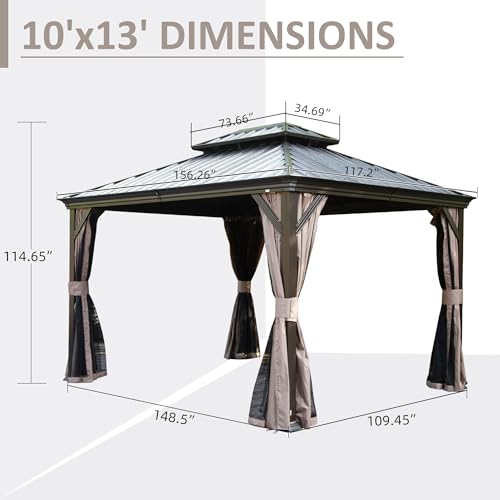 Domi 10' X 13' Hardtop Gazebo, Upgraded Metal Gazebo with Drainage System, Dual-Layer Galvanized Steel Roof, Curtain and Netting, Outdoor Shelter Canopy for Patio, Garden, and Backyard, Brown - color: Brown, size: 10'x13'/w gutter
