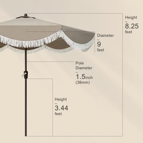 Tempera 9ft Auto Tilt Scalloped Patio Umbrellas with Fringe, Outdoor Table Umbrellas with Fade Resistant Canopy, 8 Sturdy Rids, Luxurious Vintage Umbrellas for Lawn, Pool, Deck, Balcony - color: Khaki Tassels, size: 9 FT