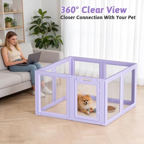 DIY Clear Acrylic Dog Playpen House,Quick Easy Assembly and Disassembly,Strong Floor Suction,Indoor and Outdoor Use,Easy Cleansing Puppy Fence (Purple, 23.6" H, 8PCS) - color: Purple, size: 23.6"H