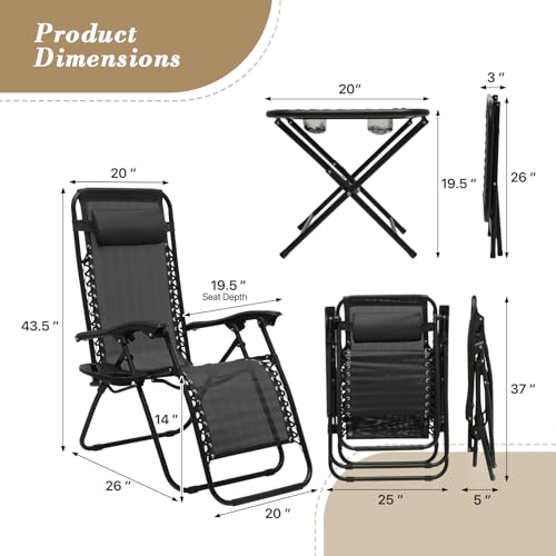 Athena Collection Zero Gravity Outdoor Lounge Chair Set of 2 with Side Table, 25" Width Pool Lounge Lawn Chairs Reclining with Cup Holder, Outdoor Chaise for Beach Patio Backyard Outside, Black - color: Black, style: 25" Width