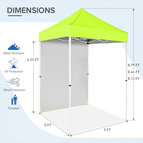 EAGLE PEAK Pop up Canopy 5x5, Outdoor Portable Canopy Tent with One Removable Sunwall, Carry Bag Included, Neon Green - color: Fluorescent Green