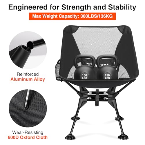 Trakiom 360° Swivel Folding Camping Chairs, Compact and Portable Chair for Outdoor Camp, Foldable Chairs with Anti-Sinking Large Feet for Travel, Beach, Picnic, Sports, Fishing Support 300 LBS(Black)
