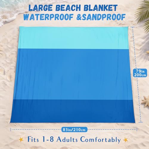 AlphaBeing Beach Blanket Waterproof Sandproof, Extra Large Beach Mat for 1–8 Adults, Oversized Picnic Blanket with 4 Stakes & Storage Bag, Essential Beach Gear for Travel - color: Threeblue, size: 120“×108”