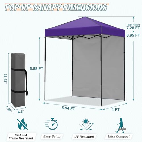 EAGLE PEAK 6x4 Instant Pop Up Canopy Tent with 1 Side Wall Panel, Straight Leg Sun Shelter, Portable Canopy with Carry Bag for Camping, Beach & Sports, Purple - color: Purple, size: One Wall