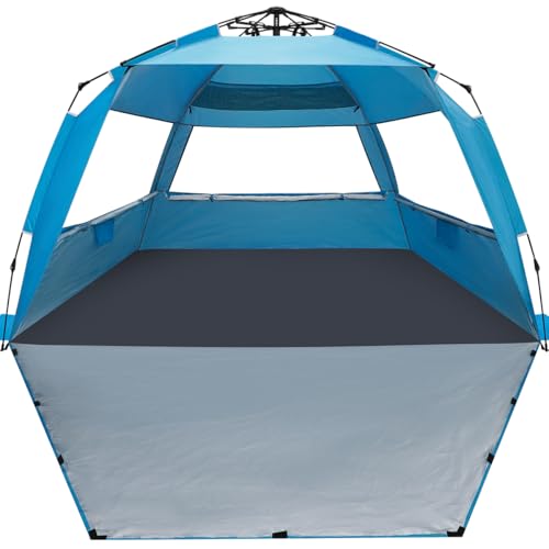 WhiteFang Deluxe Pop Up Beach Tent Sun Shade Shelter for 3-4/5-6 Person, UV Protection, Extendable Floor with 3 Ventilating Windows Plus Carrying Bag, Stakes, and Guy Lines - color: Solid Blue, size: Xx-large