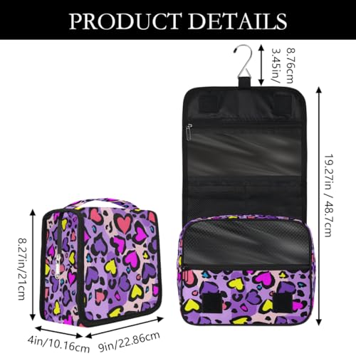 Heart Shape Leopard Skin Print Kids Toiletry Bag for Girls, Waterproof Hanging Makeup Organizer Travel Cosmetic Bag with Hook, Portable Toiletries Case for Sleepovers School Vacations - color: Heart Shape Leopard Skin Print