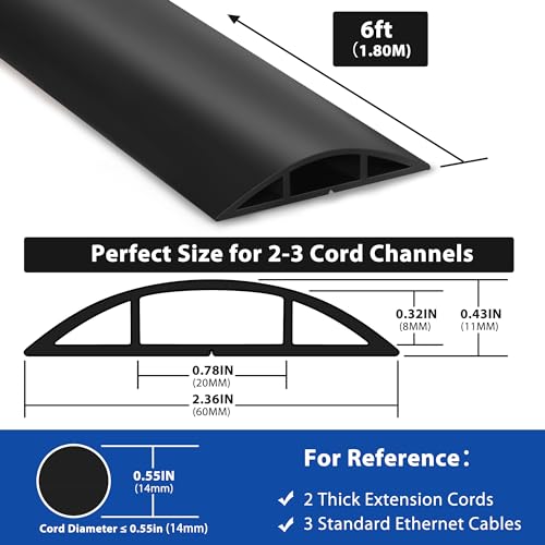 6ft Heavy Duty Cord Hider for Floor, Black Cable Management Cover, Hide Electrical Wires, Protector With 0.78" W x 0.32" H Cable Cavity - color: Black, size: Large-6ft