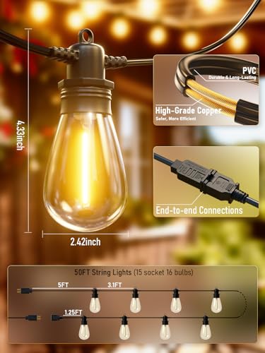 50FT LED Outdoor String Lights with 15 Edison Shatterproof IP65 Waterproof Bulbs, 2700K Dimmable Commercial Grade Patio Lights, Heavy Duty Outside Hanging Lights for Garden Porch Deck Decor - size: 50 Ft