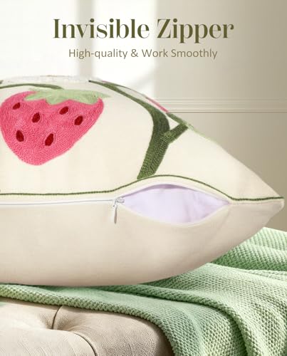 Embroidered Throw Pillow Cover 18x18 Inch - Spring Summer Boho Decorative Pillow Cover with Zipper for Living Room Couch Sofa Bed Aesthetic Design Branch Strawberry Cushion Pillowcase - color: Branch-strawberry, size: 18" x 18" (Pack of 1)