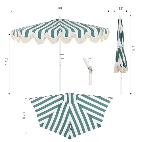JONATHAN Y Half Umbrella UMB1201L Beverly 9 ft. Designer Classic Scalloped Fringe Market Patio with Crank, Tilt Button and UV Protection in Green/White, White Pole - color: Green/White - White Pole