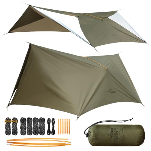 Ultralight Tarp, 14ft Hammock Rain Fly Lightweight Waterproof Camping Tent Tarp with Doors, Bushcraft Tarp Shelter for Backpacking Hiking Camping - color: Army