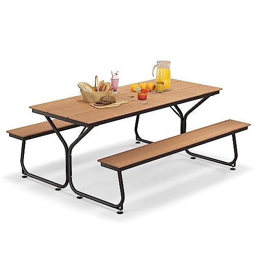 Giantex 6 FT Outdoor Picnic Table Bench Set for 6-8 People, 2400 LBS Capacity Patio Dining Table & 2 Benches with Metal Frame & HDPE, Balcony Conversation Set for Poolside Deck Garden (Brown) - color: Brown