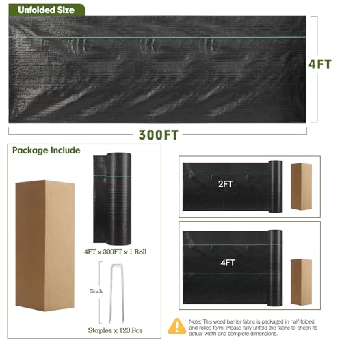 4FT x 300FT Weed Barrier Landscape Fabric Heavy Duty, Weed Control Garden Cloth with 120 U-Shaped Securing Pegs, Woven Weed Blocker Fabric Ground Cover for Garden Beds, Commercial Driveway - size: 4FT x 300FT