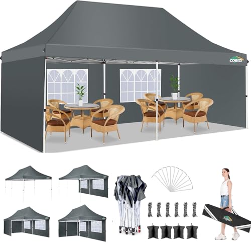 COBIZI 10x20 Pop Up Canopy with 4 Sidewalls, Conical Party Tent 10x20 with 3 Adjustable Height Waterproof, UV-Resistant EZ Outdoor Gazebo with Carry Bag, Sandbag, Stake, Rope for Parties, Commercial - color: Gray, size: 10x20FT with 4 sidewalls