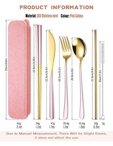 AARAINBOW 6 Pieces 18/8 Stainless Steel Flatware Set Portable Reusable Cutlery Set Travel Utensils Set Including Chopsticks Knife Fork Spoon Straws Cleaning Brush Dishwasher Safe (Pink golden) - color: Pink golden