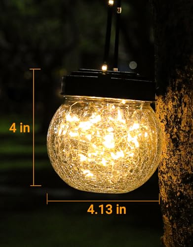 PARTPHONER Solar Lantern Solar Lights Outdoor Waterproof 2-Pack, Solar Powered Hanging Lights Cracked Glass Hanging Globes for Christmas Decoration, Shepherd Hook, Garden Tree Ornaments - color: Black Cap Warm White Light, size: 2 Pack