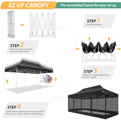 COBIZI 10x20 Heavy Duty Pop up Canopy with 6 Sidewalls, Canopy Tent with Mosquito Netting, Easy up Screen Party Tent for Parties Wedding Outdoor Patio Commercial Gazebo with Roller Bag, Black - color: Black, size: 10x20ft(standard)