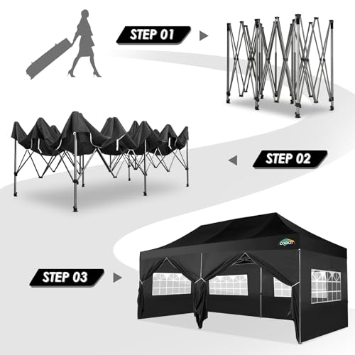 COBIZI 10x20 Canopy with Sidewalls, Heavy Duty Party Tent Pop up Canopy, Tents for Parties, Wedding, Outdoor Easy up Foldable Portable Canopy Tent with Wheeled Bag, Black(Windproof Upgrade) - color: Black, size: 10x20 With Sidewalls