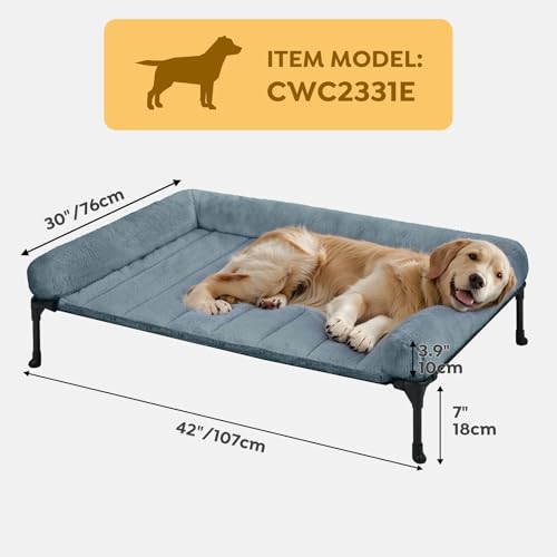 Veehoo Orthopedic Elevated Dog Bed with Fluffy Plush Bolster Cushion, Indoor Raised Dog Beds for Large Dogs, Soft Pet Sofa Cot with Removable Washable Mat, No-Slip Feet, 42 x 30 inches, Haze Blue - color: Haze Blue, size: 42.0"L x 30.0"W x 7.0"Th