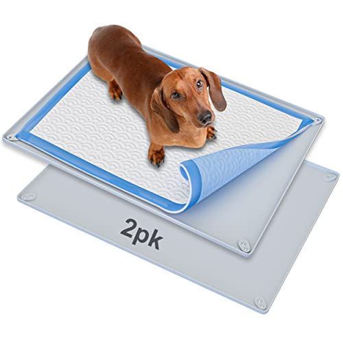 TidyFriend 2 Pk Pee Pad Holder Tray for 30” x 23” Pee Pads with Corner Lock Holes, Raised Edges, Non-Spill, Easy to Clean Silicone Dog Potty Tray Holder, For Indoor Floor Protection (Light Grey) - color: Light Grey, size: 30 X 23 Inches - 2 Pack