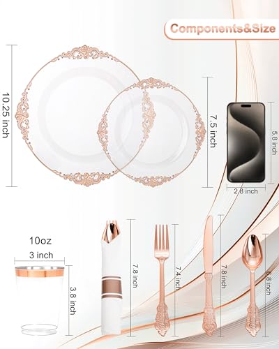 Nervure 350PCS Rose Gold Plastic Plates - Rose Gold Plastic Dinnerware Sets for 50 Guests - 100 Disposable Plates, 150 Silverware, 50 Cups, 50 Napkins Perfect for Wedding & Party & Mothers Day - color: White and Rose Gold