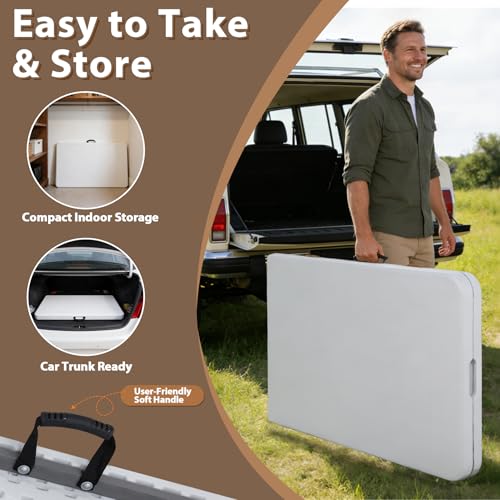 SUPER DEAL 8FT Folding Picnic Table for Indoor Outdoor, Portable Fold-in-Half Plastic Dining Camping Party Table with Carrying Handle - color: White, size: 95"x30", style: Rectangular