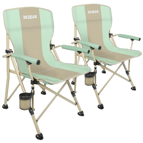 XGEAR Camping Chair with Padded Hard Armrest, Sturdy Folding Camp Chair with Cup Holder, Storage Pockets Carry Bag Included, Support to 400 lbs - color: Green With Khaki