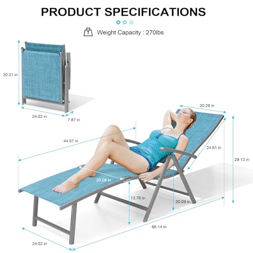 Crestlive Products Chaise Lounge Chair Outdoor Set of 2, Aluminum Folding Patio Recliner Chair, Adjustable 8 Positions Assemble-Free Perfect for Beach, Yard, Pool, Deck - color: Blue, size: 2 Pcs