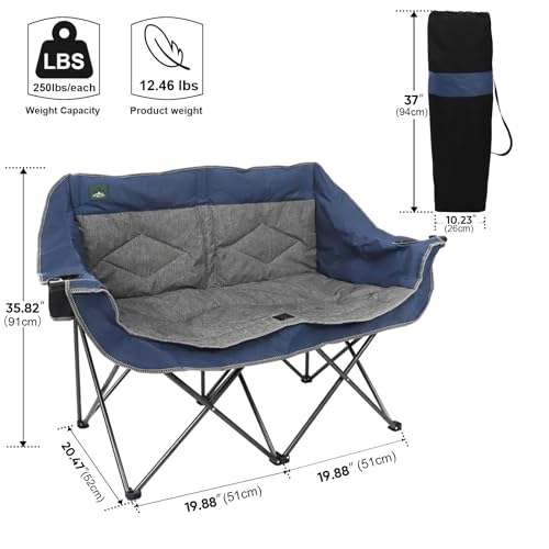Northroad Folding Loveseat Camping Chair Portable Double Duo Full Padded Garden Chair for 2 Person Sofa w/2 Cup Holder,Wine Glass Holder,Support 600lbs for Picnic Beach Travel (Blue) - color: Blue