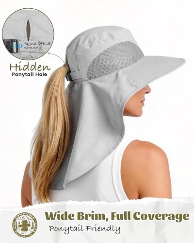 Camptrace Sun Hats for Women Men UPF 50+ UV Protection Wide Brim Hiking Fishing Hat with Neck Flap - color: Light Grey