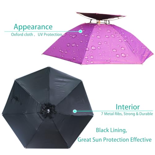 Umbrella Hat, 37 inch Fishing Umbrella Hat Hands Free Foldable UV Protection Umbrella Cap Adjustable Headwear for Fishing Golf Camping Beach Gardening Sunshade Outdoor - color: Purple