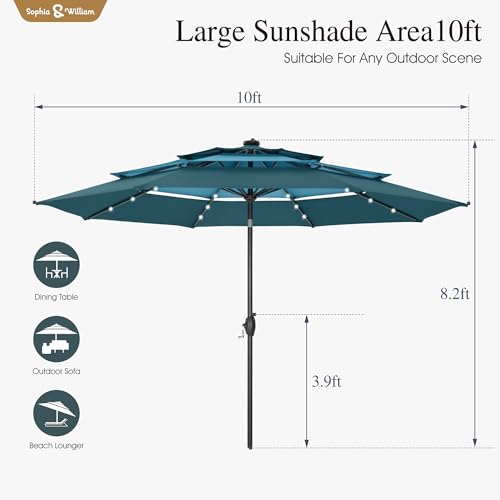 Sophia & William 10ft Patio Umbrellas 3-Tier Umbrella Outdoor Patio Umbrellas with Lights Vented Top 24 LED lights Adjustable Tilt for Pool Garden Backyard, Mixed Peacock - color: Mixed Peacock