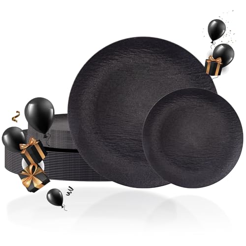 WONDERFUL 32pcs Black Plates Black Plastic Plates Unbreakable and Reusable Plastic Plate Dishwasher safe Dishes Set Includes:16 Dinner 10" & 16 Dessert Plate 7.3" Suitable for Camping Outdoor Party - color: Black