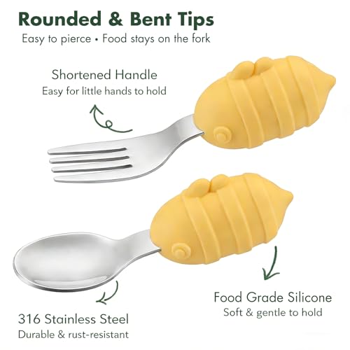 Baby Fork and Spoon Set with Carry Case Baby Training Utensils Self Feeding Toddler Silverware Silicone and Stainless Steel Kids and Toddler Utensil Set-Bees - color: Bees