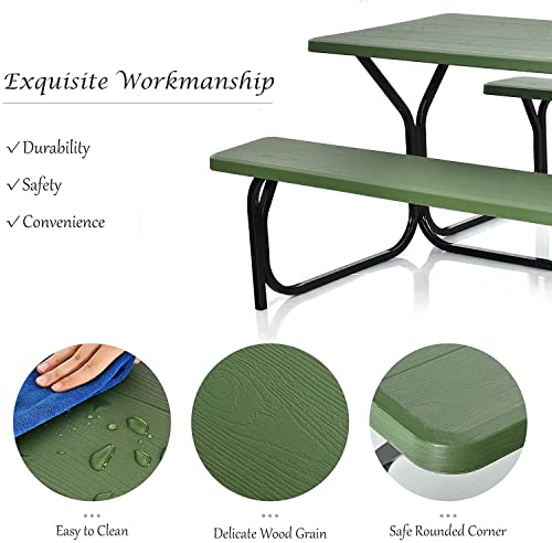 Hysache Picnic Table Bench Set, Patio All Weather Metal Base Camping Table Set w/Wood Texture Tabletop, Steel Frame, Large Camping Picnic Tables for Backyard Poolside Garden Patio Lawn (Green) - color: Green