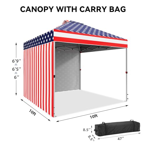 10 x 10 Pop Up Canopy, All Season Instant Canopy with 2 Sidewalls and Vented Roof, Portable Party Tent with Wheeled Carry Bag and Sandbag for Camping, Picnic, Party, Red, White and Blue - color: Flag, size: 2 Side Walls
