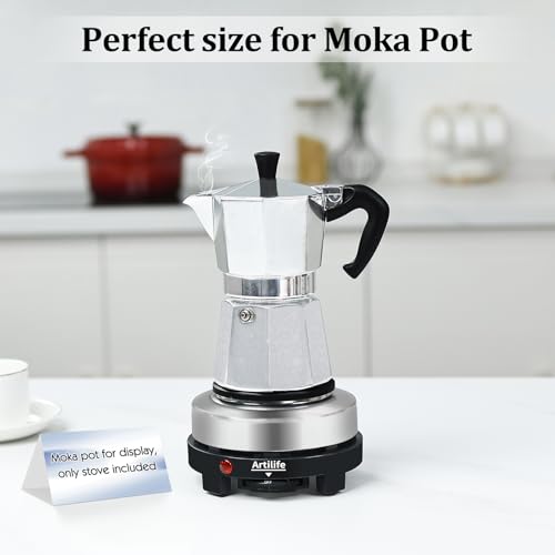 Artilife 500W Mini Electric Hot Plate - Moka Pot Special, 110V Compact RV Camping Stove, 4" Cast Iron Burner for Coffee, Low Wattage Portable