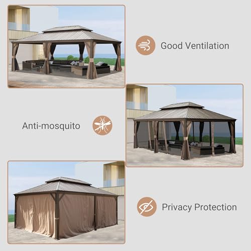 Domi 12' X 18' Hardtop Gazebo, Upgraded Metal Gazebo with Drainage System, Dual-Layer Galvanized Steel Roof, Curtain and Netting, Outdoor Shelter Canopy for Patio, Garden, and Backyard, Brown - color: Brown, size: 12'x18'/w gutter