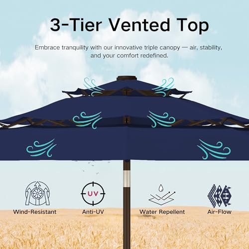 Kingdura 9ft 3-Tier Patio Umbrella, Outdoor Table Umbrella with Easy Crank & Tilt, 8 Reinforced Ribs, UV Protection for Deck, Pool, Market, Backyard (Navy blue) - color: Blue, size: 9 FT