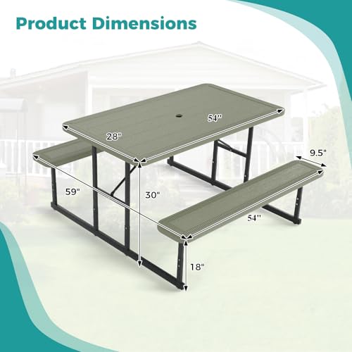 Giantex Picnic Table Bench Set for 4 People, 4.5FT Outdoor Rectangular Dining Table & 2 Benches w/Umbrella Hole, HDPE Tabletop, Metal Frame, Patio Garden Backyard Poolside, Green - color: Green, size: Rectangle-54"x28"x30"
