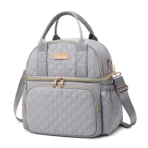 AIJIEKE Large Insulated Lunch Bag for Women, Double Compartment Leakproof Lunch Box for Work Office, Reusable Cooler Tote with Adjustable Strap & Side Pockets for Adults Picnic Beach, Grey - color: Gray
